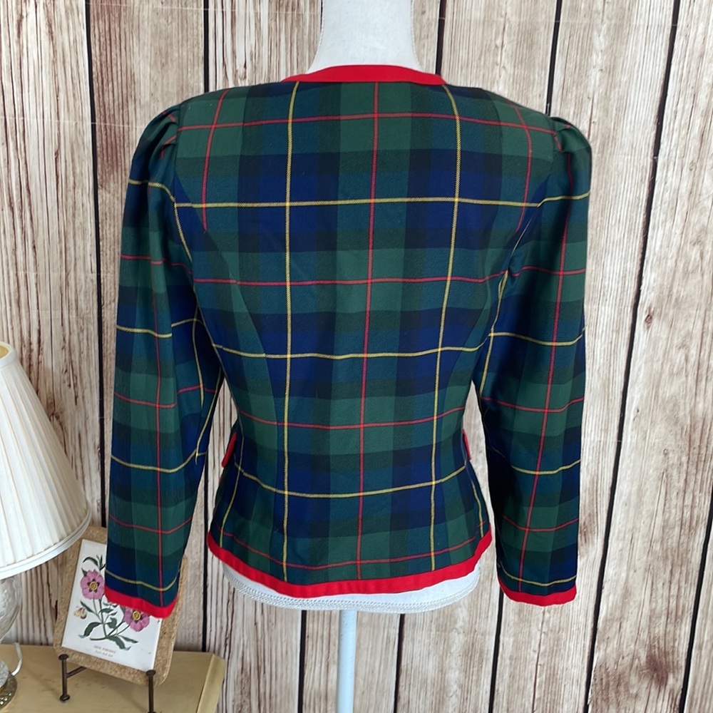 Vintage Maggy Boutique Blue/Green Plaid Jacket w/Red Trim & Gold Buttons - Picture 5 of 9
